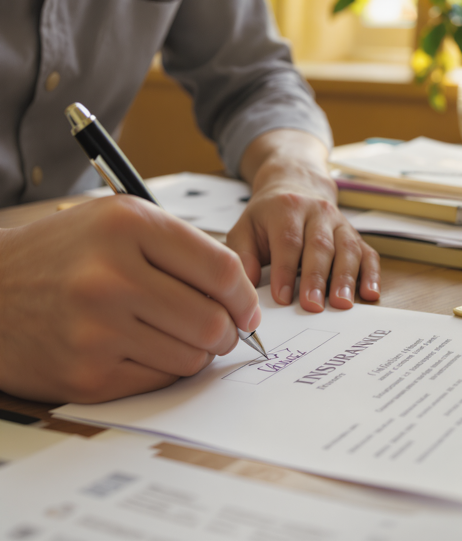 Hands signing an insurance renewal at a desk