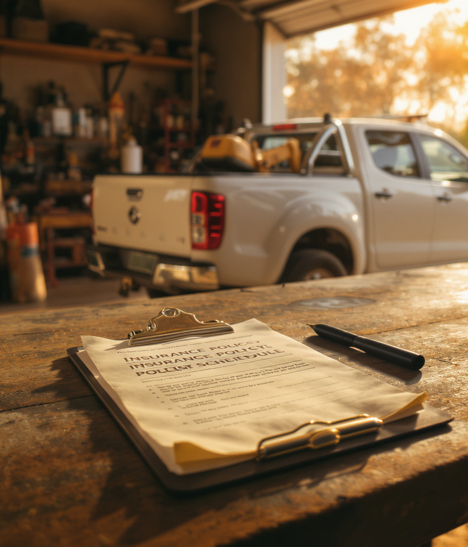 A worn insurance policy schedule on a clipboard on a workshop bench, with a brand new work ute visible through the open roller door behind