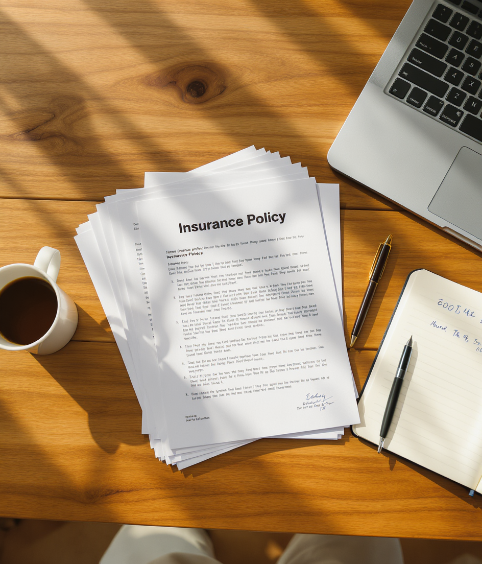 Insurance policy paperwork on a desk with a calculator and coffee