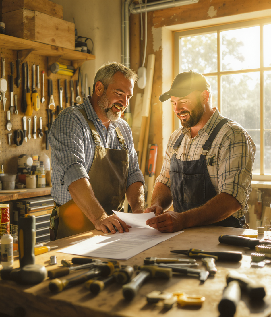 A specialist broker on-site with a tradie reviewing cover on a workbench